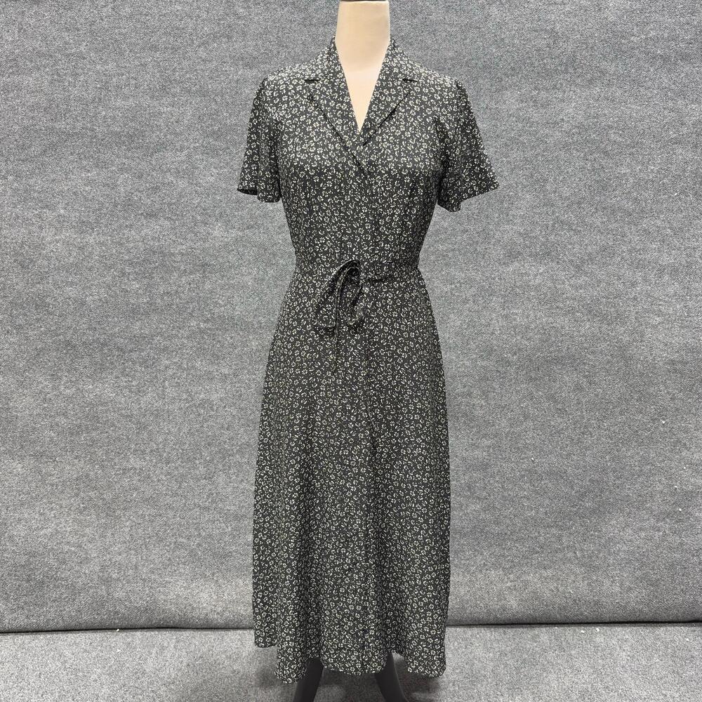Club Monaco Dress Womens S Black Silk Floral Short Sleeve Belted Shirt Midi